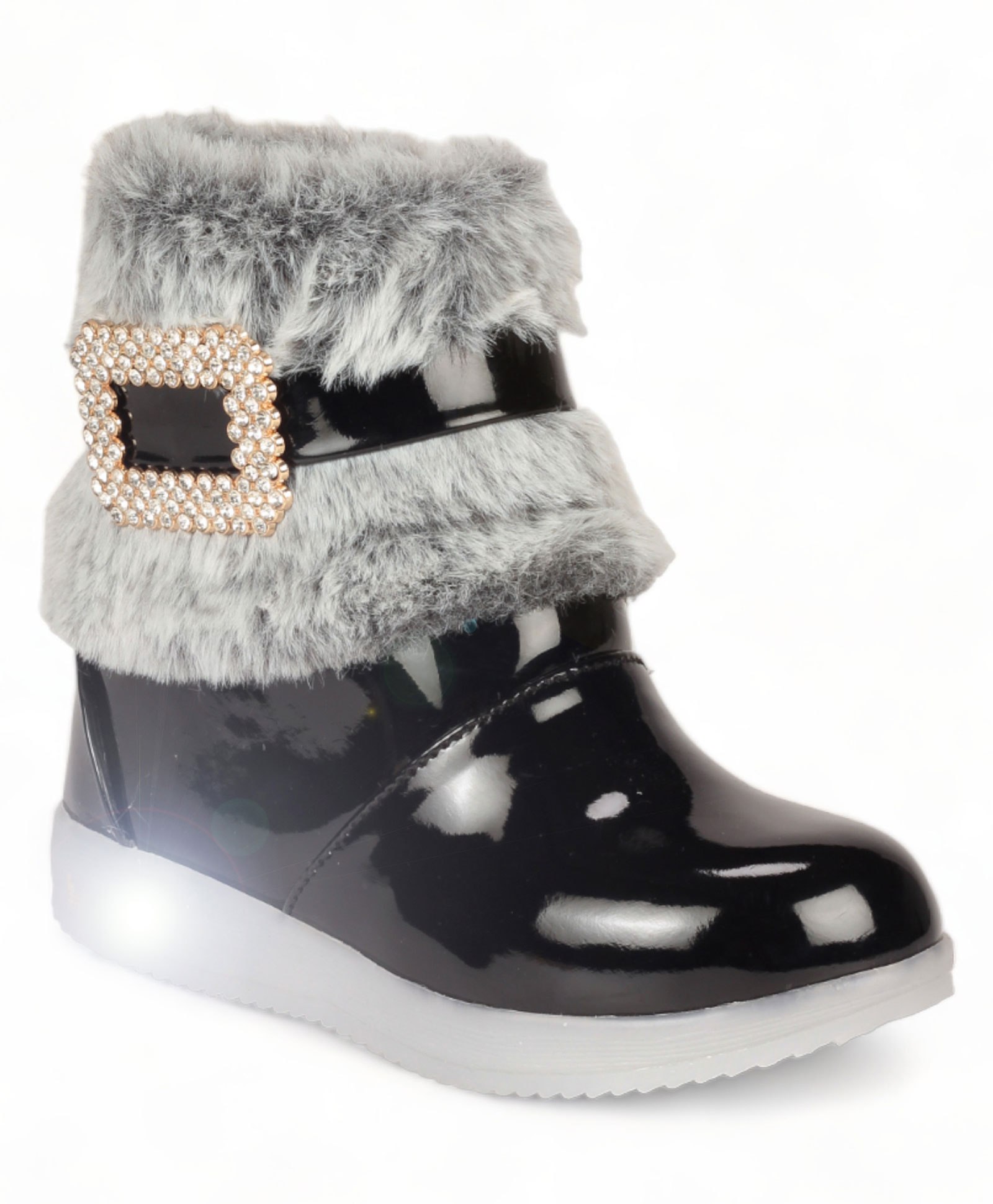 Lil Lollipop Stone Detailed Fur Embellished Zipper Party Boots With LED Light & Glossy Finish - Black-image-15