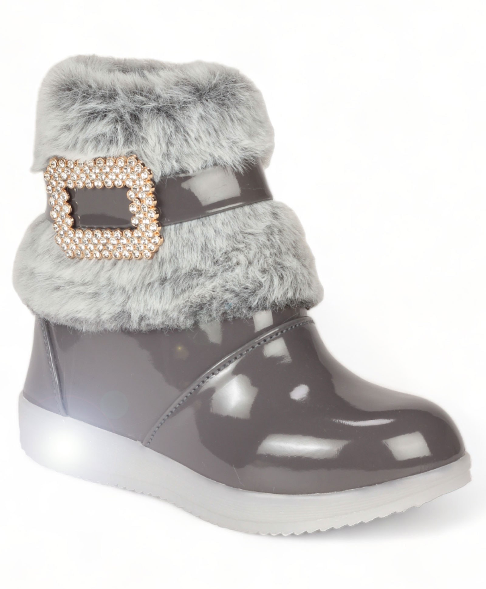 Lil Lollipop Stone Detailed Fur Embellished Zipper Party Boots With LED Light & Glossy Finish - Grey-image-42