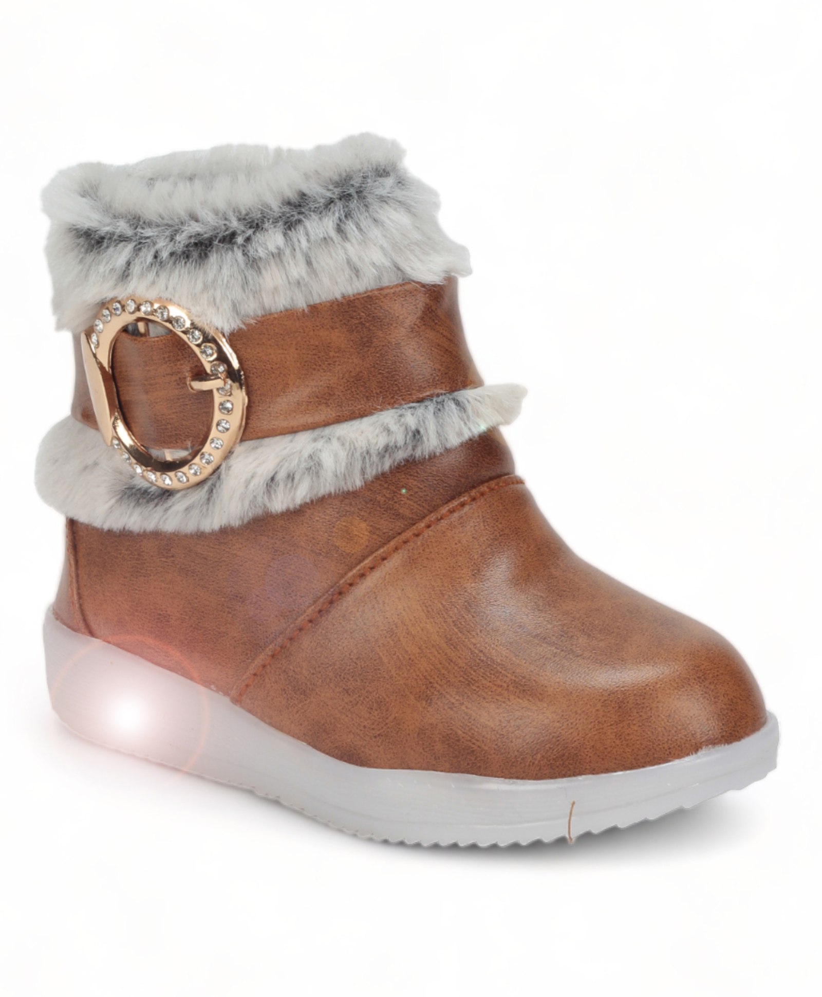 Lil Lollipop Stone Detailed Fur Embellished Zipper Party Boots With LED Light - Light Brown-image-39