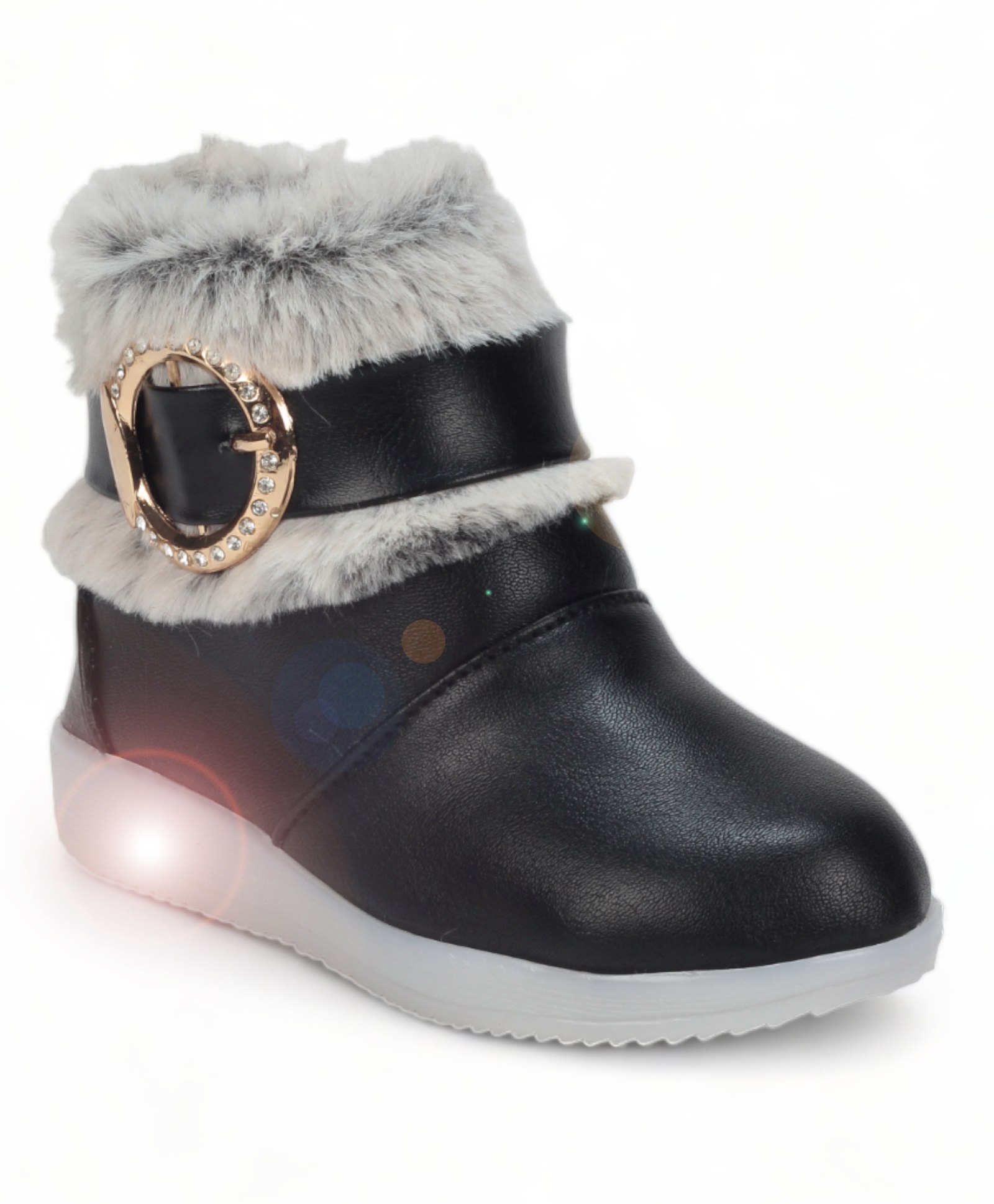 Lil Lollipop Stone Detailed Fur Embellished Zipper Party Boots With Light & Glossy Finish - Black