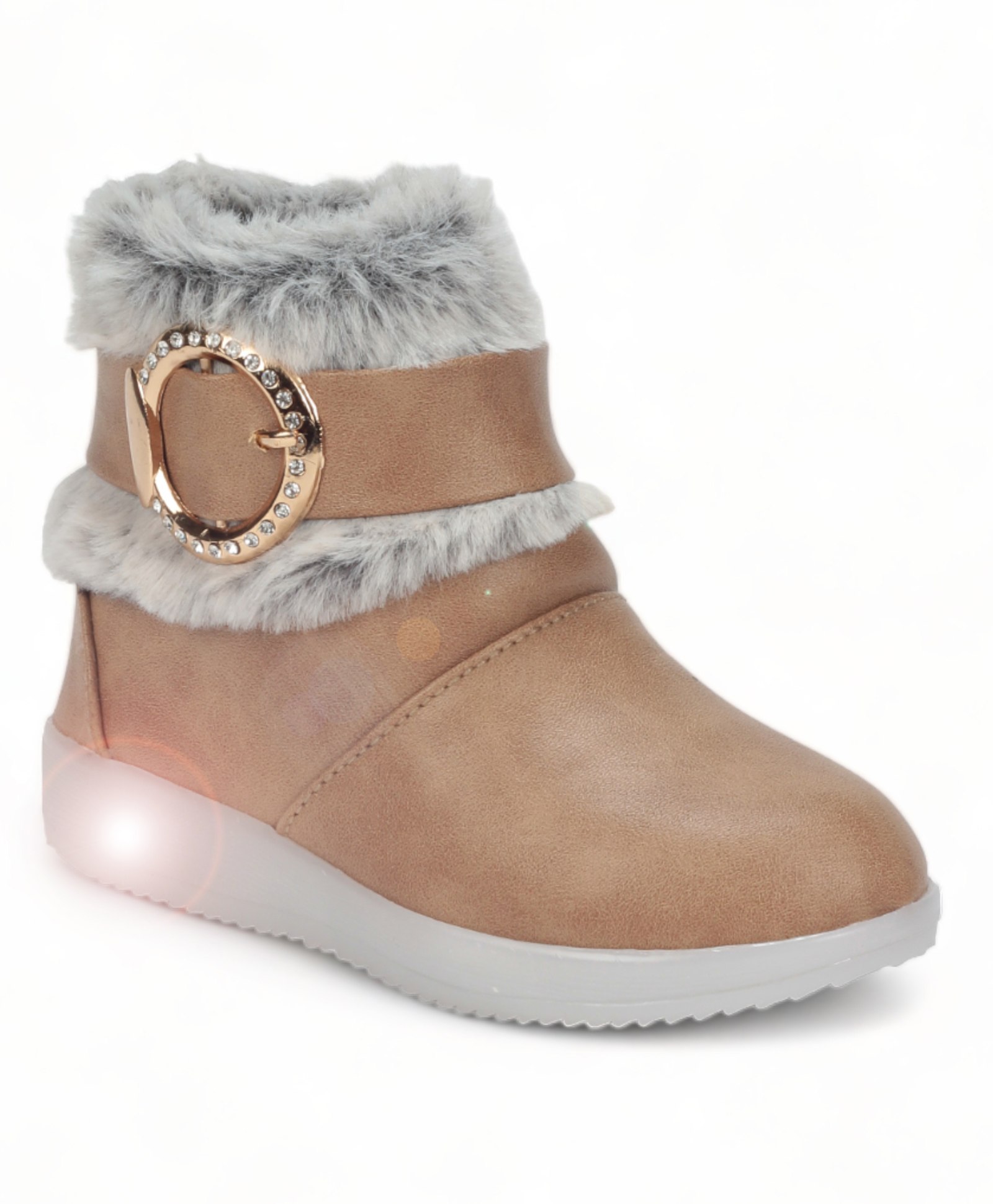 Lil Lollipop Stone Detailed Fur Embellished Zipper Party Boots With Light & Glossy Finish - Beige-image-36