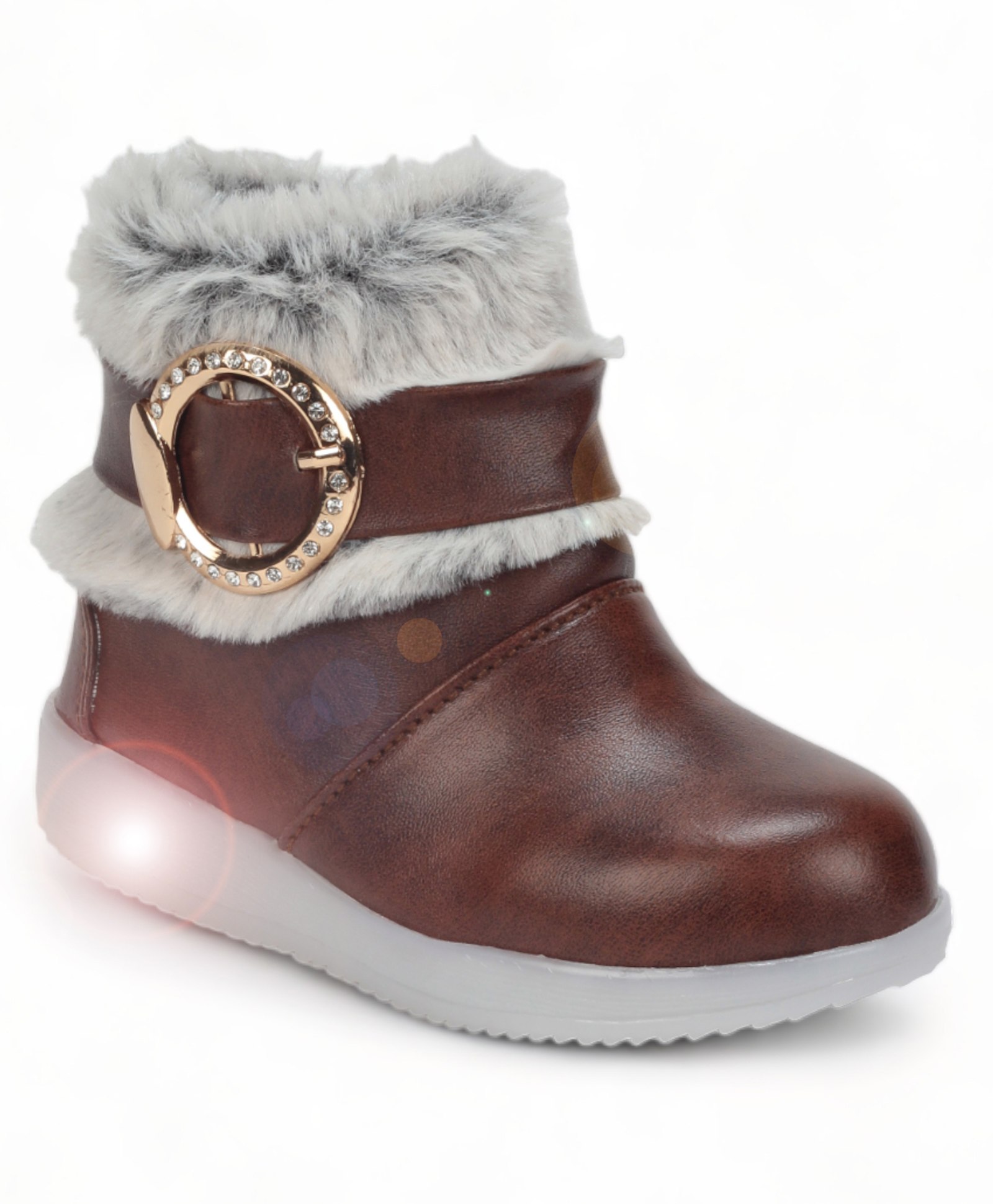 Lil Lollipop Stone Detailed Fur Embellished Zipper Party Boots With Light & Glossy Finish - Brown
