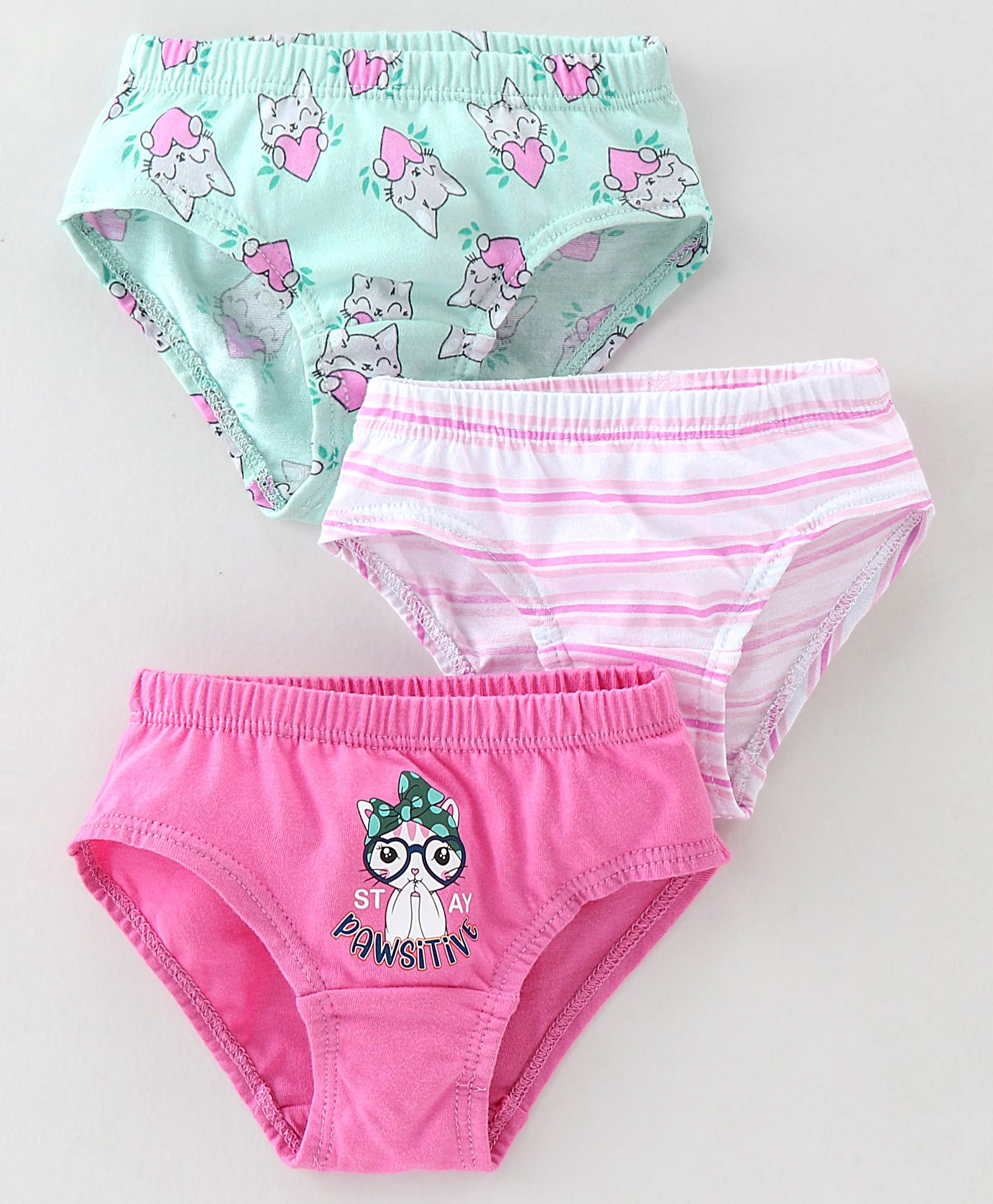 Red Rose Cotton Knit Panties Stripes & Kitty Print Pack of 3 - Pink White & Green-image-20