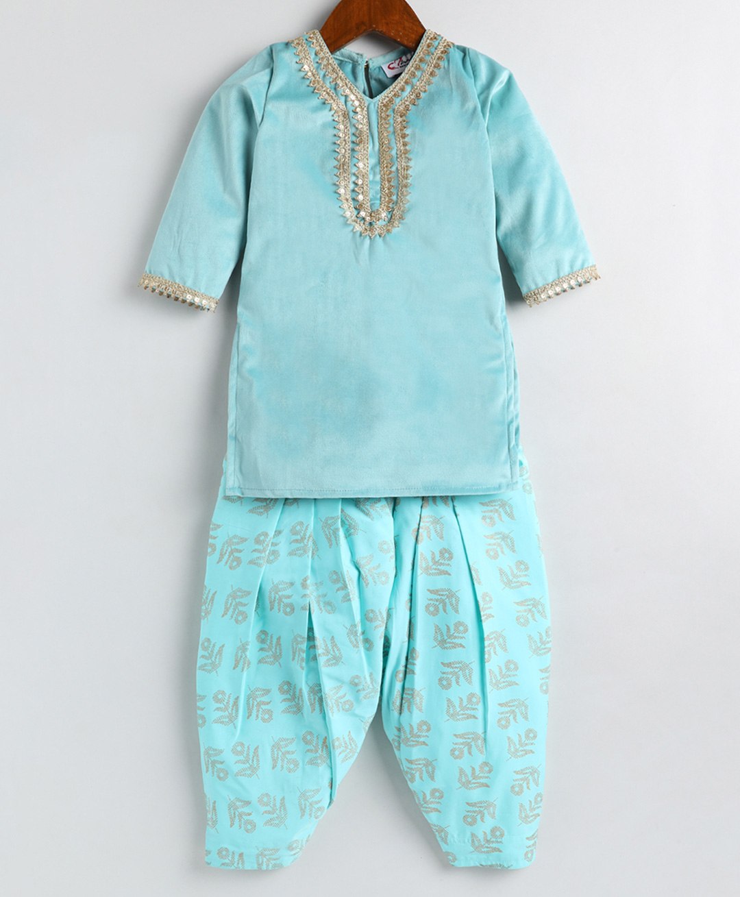 M'Andy Velvet Full Sleeves Gota Lace Embellished & Floral Printed Kurta  Dhoti Set - Sky Blue-picture-18