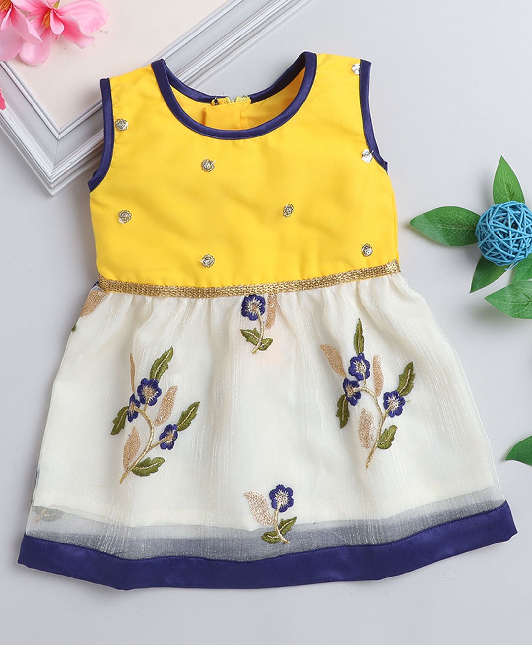 Many frocks & Sleeveless Colour Blocked Sequin & Gota Lace  Embellished  With Floral Embroidered   Ethnic Dress - Yellow & Cream-image-19