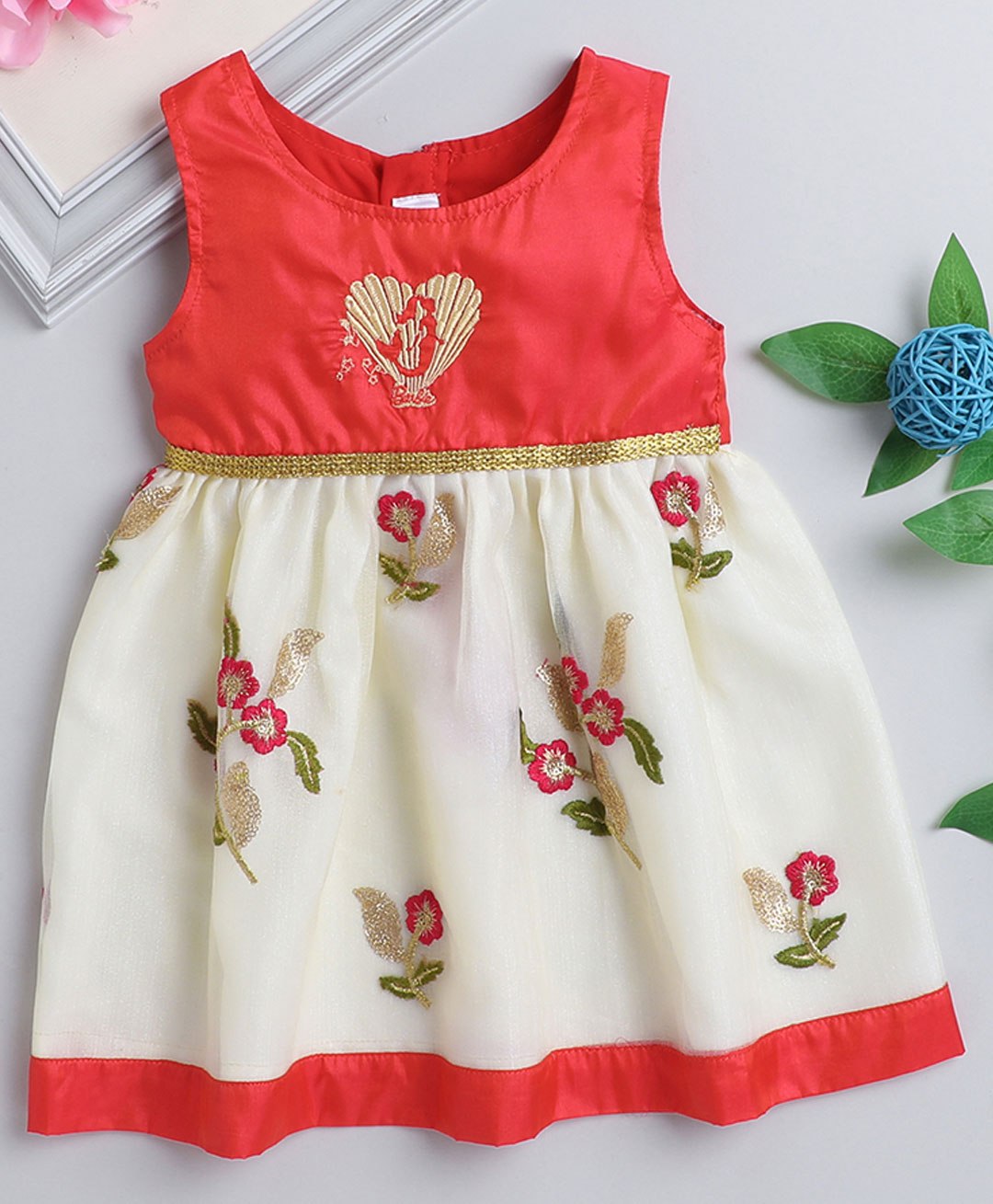 Many frocks & Sleeveless Floral Embroidered  & Gota Lace  Embellished  Ethnic Dress - Red Cream    Red/Cream-image-16