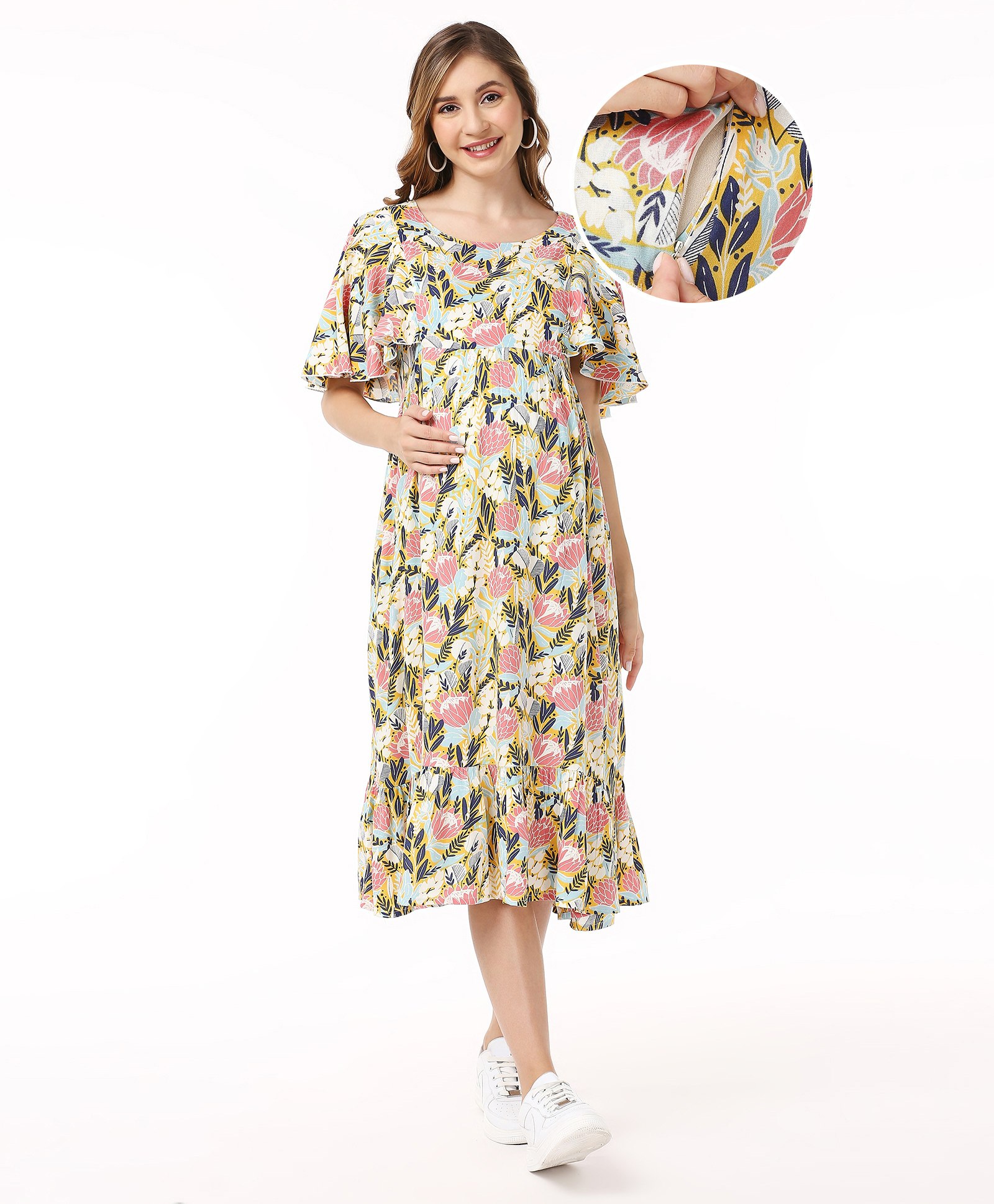 Bella Mama Woven Half Sleeve Maternity Dress With Pocket Floral Print - Yellow-image-42