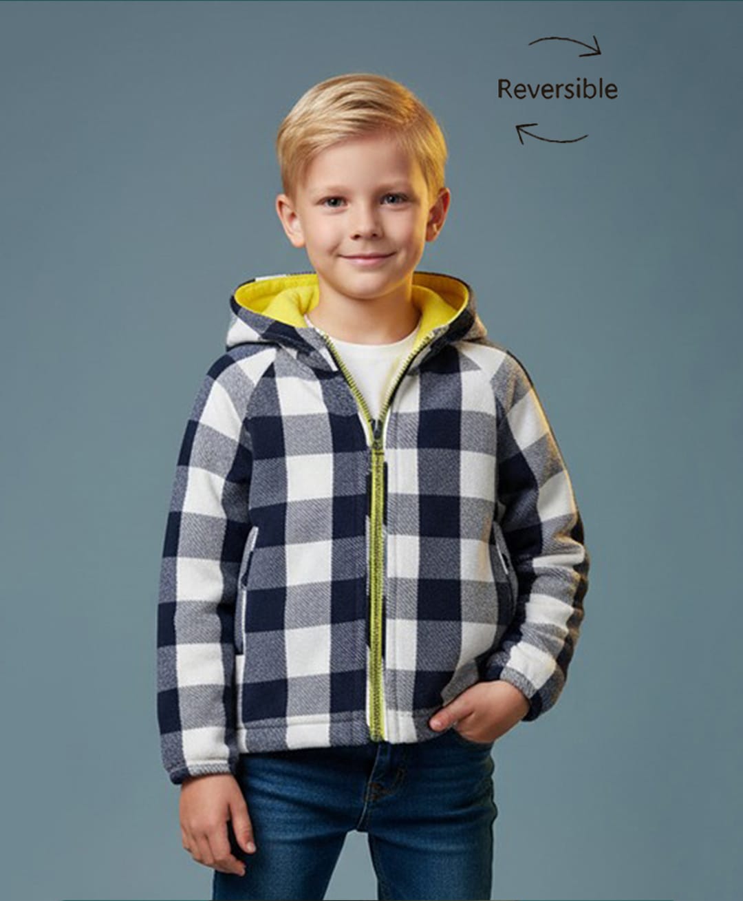 Cherry Crumble By Nitt Hyman Fleece Full Sleeves Gingham Checked Hooded Reversible Jacket - Multi Colour-image-22
