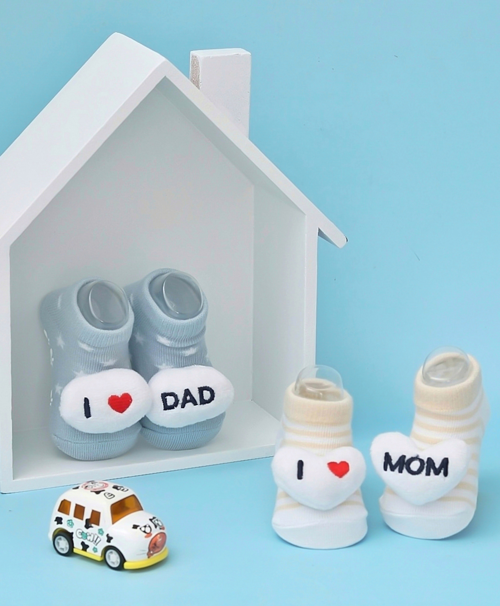 Yellow Bee Pack Of 2 I Love Mom & Dad Stuffed Toy Anti Skid Socks - Blue Yellow & White-image-47