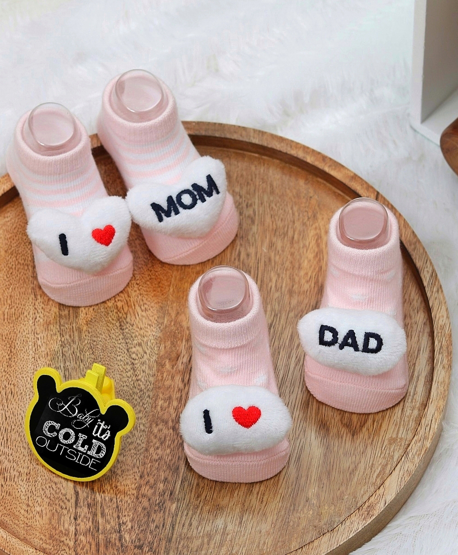 Yellow Bee Pack Of 2 I Love Mom & Dad Stuffed Toy Anti Skid Socks - Pink & White-picture-42