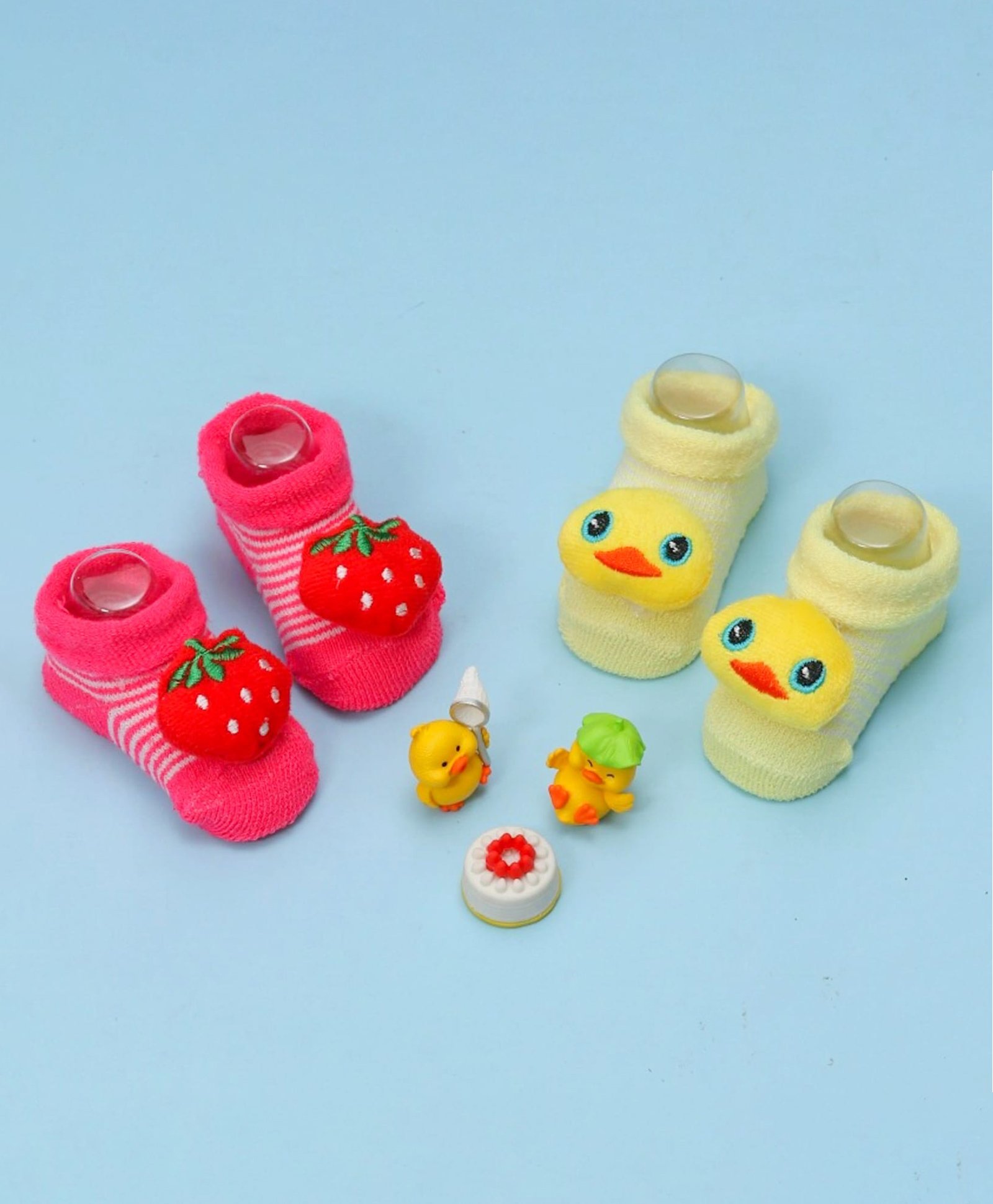 Yellow Bee Pack Of 2 Strawberry & Duck Applique Detailed Socks - Yellow Pink  Red-image-6