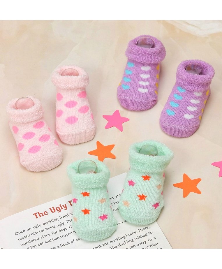 Yellow Bee Pack Of 3  Heart Polka Dots And Star Printed Socks - Purple Pink And Aqua Blue-image-4