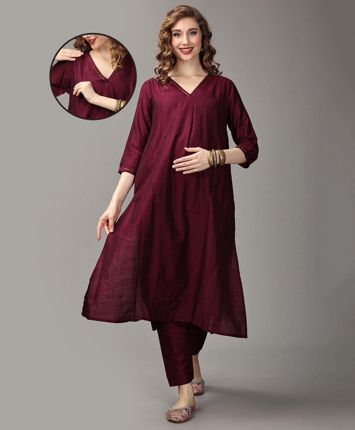 The Mom Store Three Fourth Sleeves Placket Thread Work Embroidered Maternity Kurta Set With Concealed Zipper Nursing Access - Wine Purple-image-48