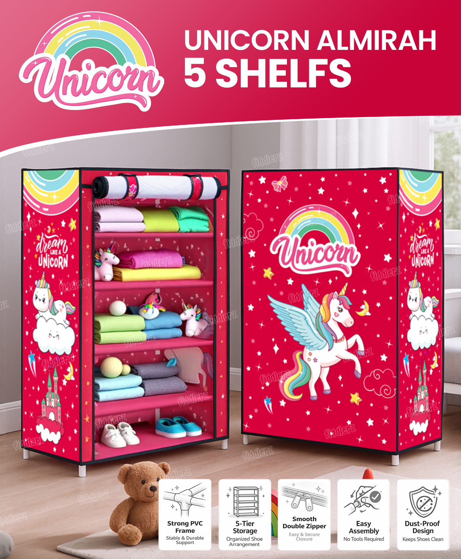 Fiddlerz Almira 5 Shelves Multipurpose  Cabinet with Zip Door Cover Side Pockets Collapsible Rack for Clothes Toys (Unicorn Design) - Pink-picture-11