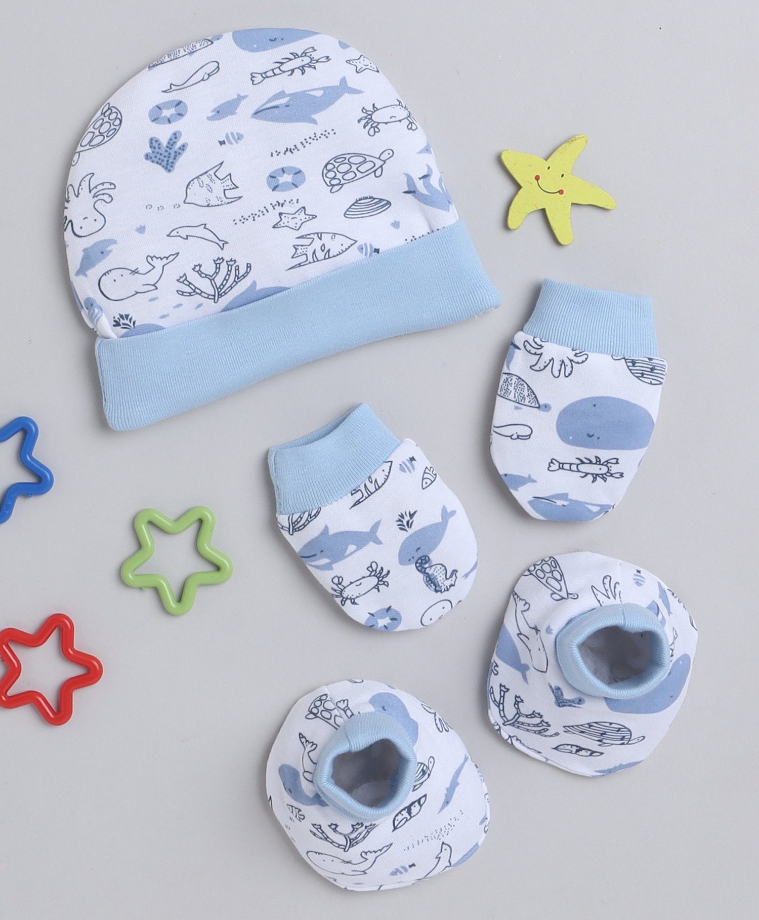 BUMZEE Sea Life Animals Printed Coordinating Cap Mittens & Booties Set - White & Sky Blue-picture-12