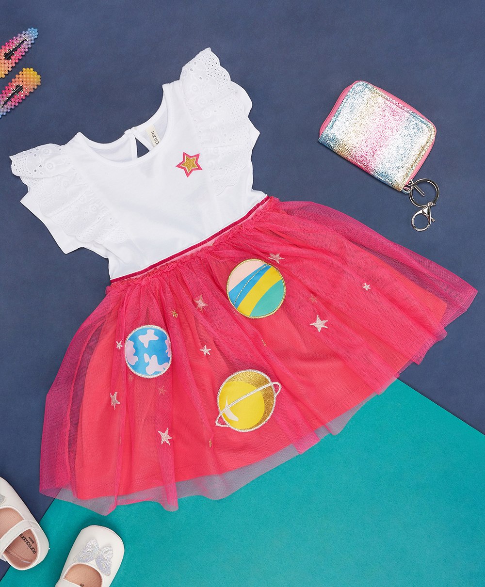 Pantaloons Baby Frill Cap Sleeves Stars & Planets Printed Fit & Flare Mesh Layered Dress - White & Pink-image-22