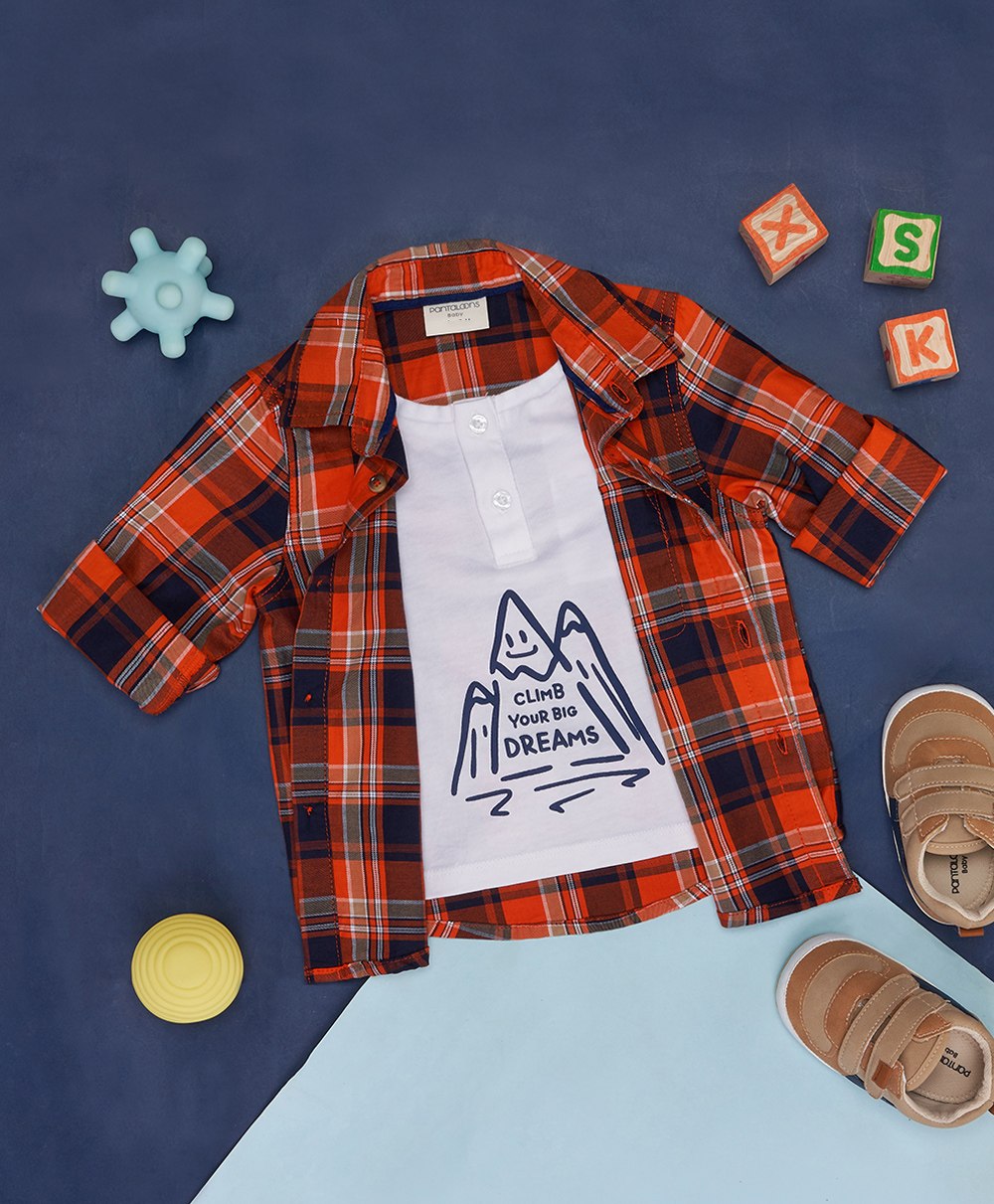 Pantaloons Baby Full Sleeves Plaid Checked Shirt With Mountain Printed Attached Tee - Orange-image-23