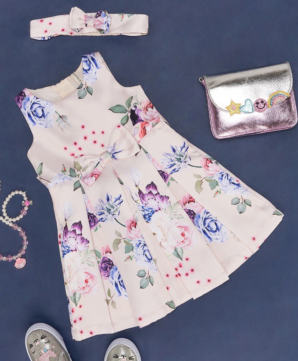 Pantaloons Baby Sleeveless Vintage Floral Printed & Bow Embellished Box Pleated Dress With Coordinating Headband - Peach-image-4