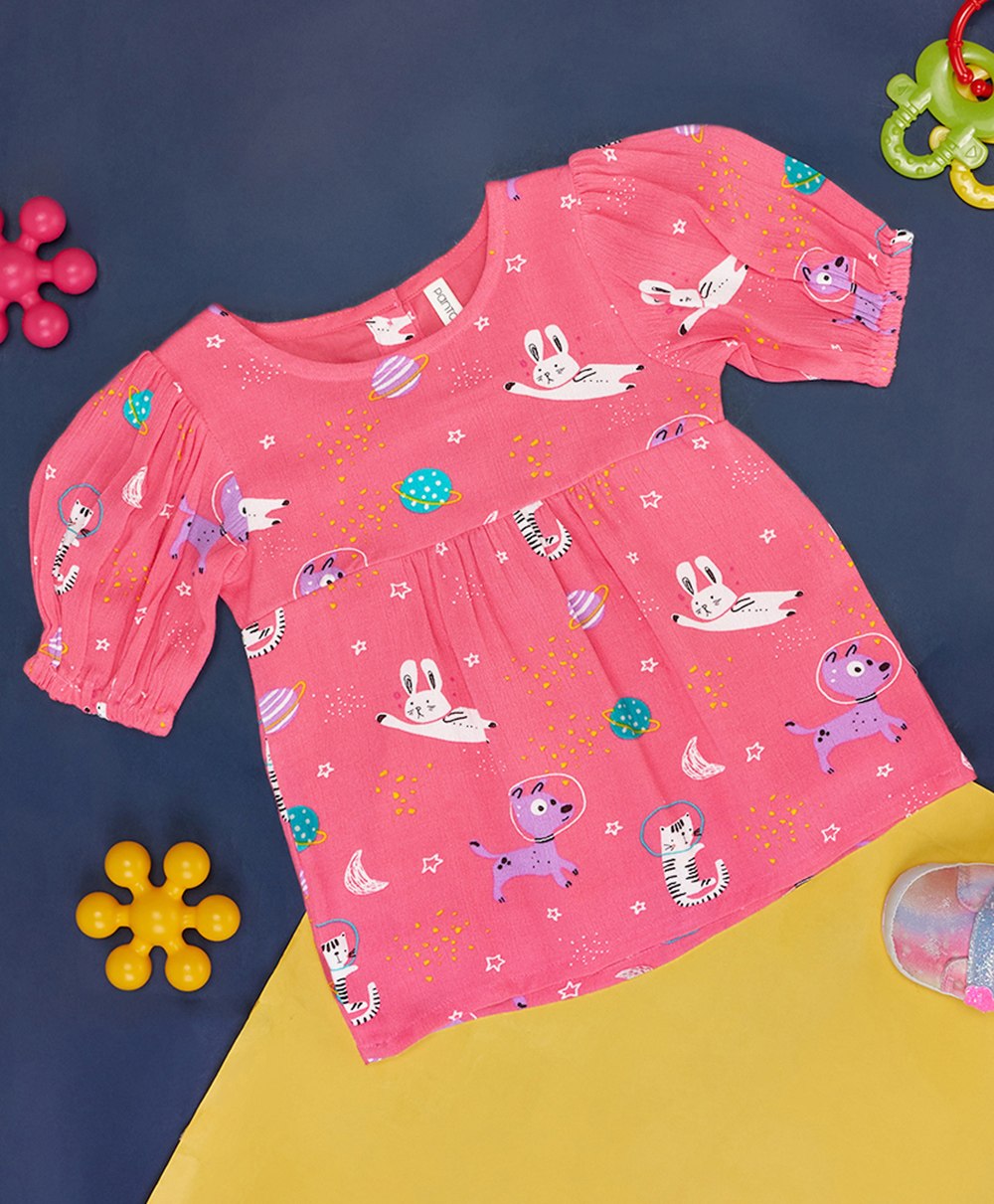Pantaloons Baby Puffed Half Sleeves Seamless Bunny & Puppy With Kitten Printed Top - Pink-image-12