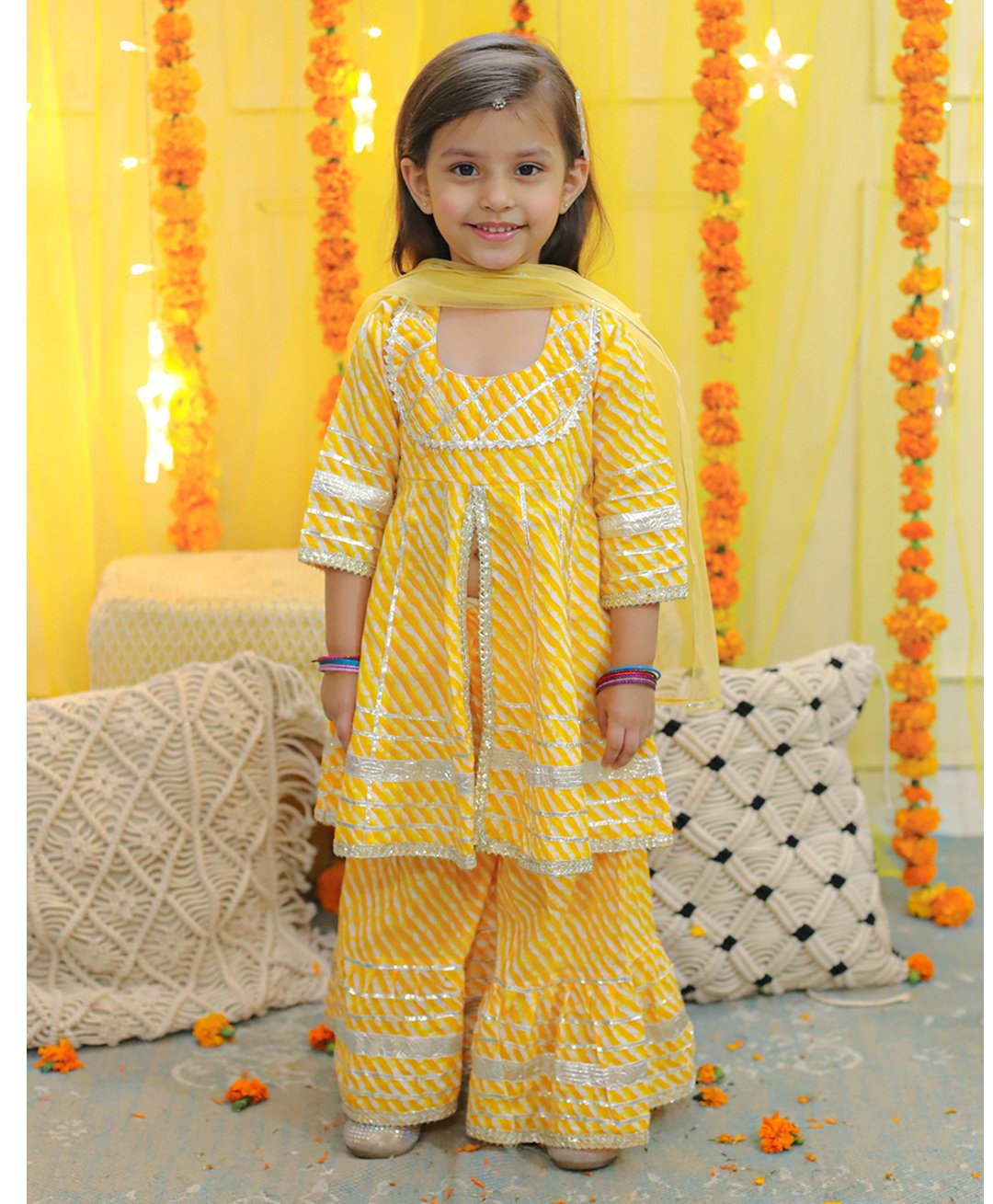 Bownbee Three Fourth Sleeves Leheriya Designed & Gota Lace Embellished Coordinating Pure Cotton Kurta & Sharara Set - Yellow-image-37