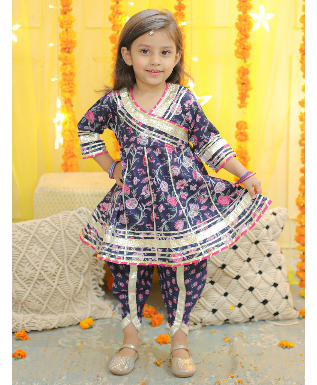 Bownbee Three Fourth Sleeves Floral Printed & Gota Lace Embellished Coordinating Pure Cotton Kurta & Dhoti Set - Blue-image-4