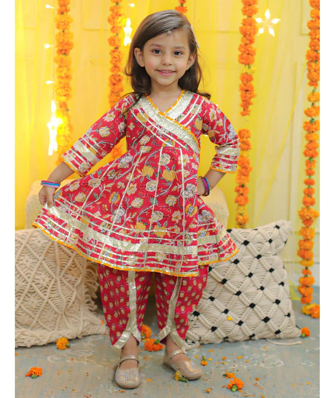 Bownbee Three Fourth Sleeves Floral Printed & Gota Lace Embellished Coordinating Pure Cotton Kurta & Dhoti Set - Red-image-5