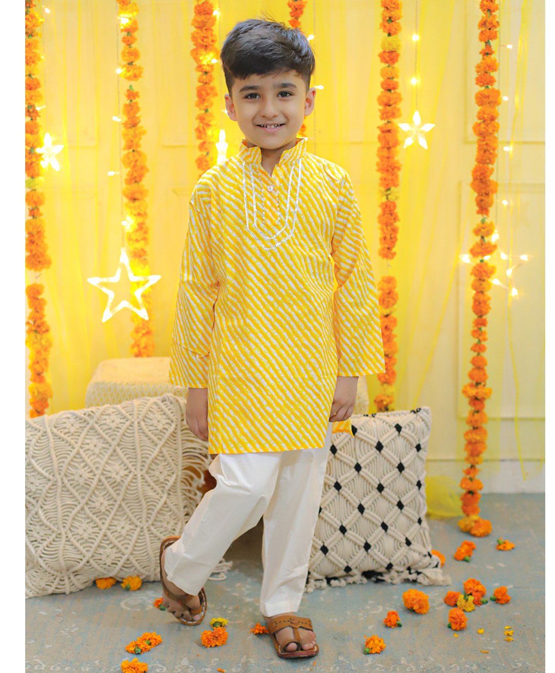 Bownbee Full Sleeves Leheriya Designed & Gota Lace Embellished Pure Cotton Kurta & Pyjama Set - Yellow-image-5