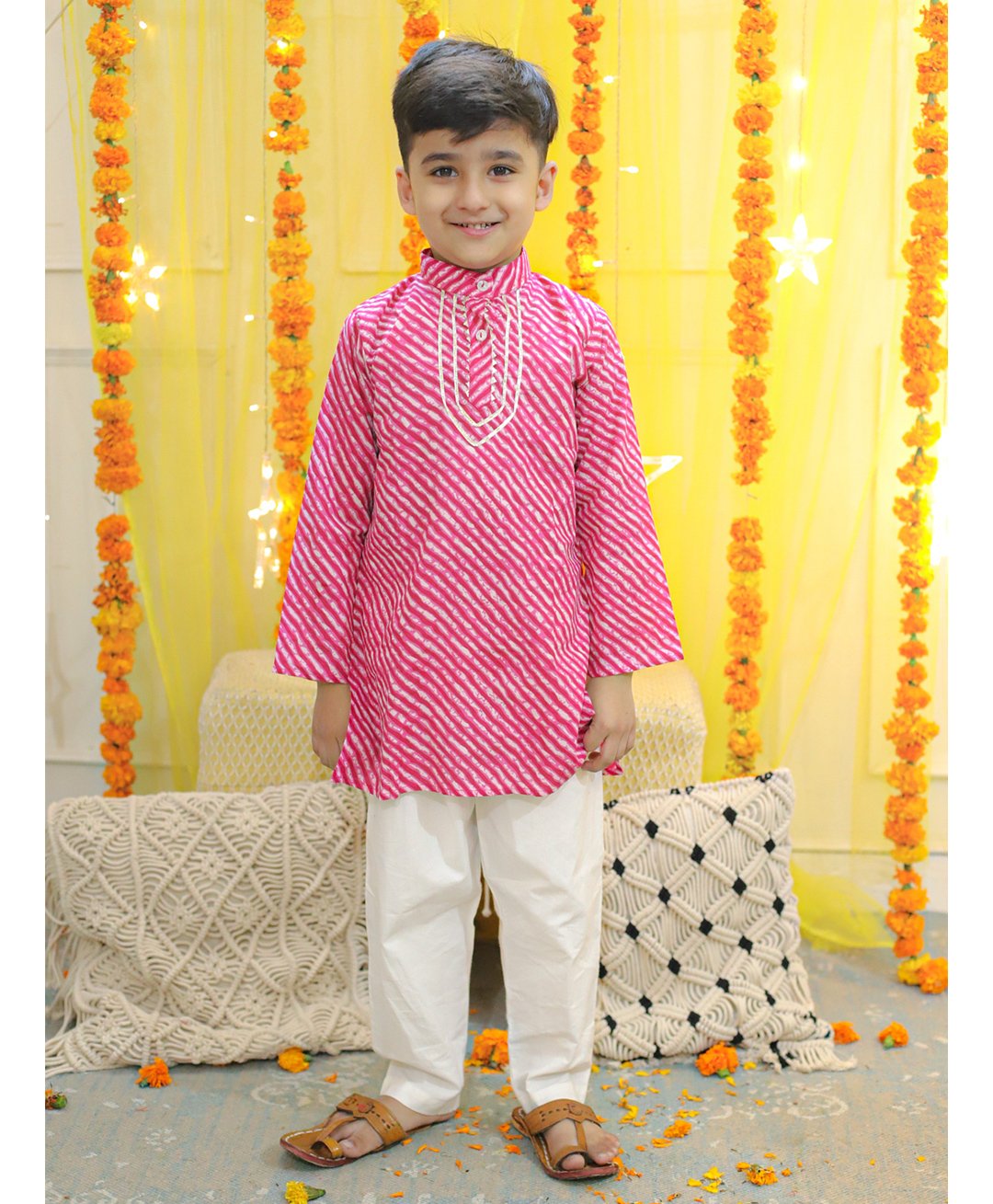 Bownbee Full Sleeves Leheriya Designed & Gota Lace Embellished Pure Cotton Kurta & Pyjama Set - Pink-picture-16