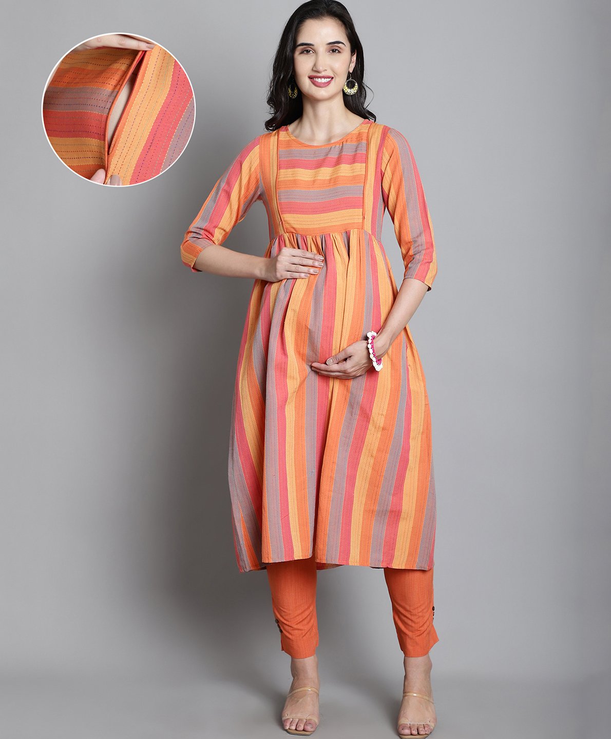 Moms Maternity Three Fourth Sleeves Abstract Striped Sustainable Cotton Maternity Kurta Set With Nursing Access - Orange-image-1