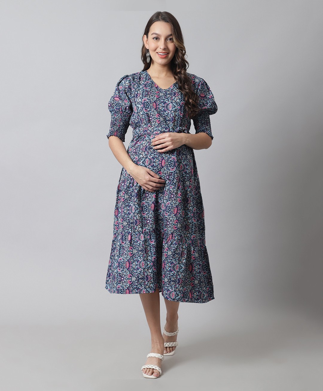 Moms Maternity Half Sleeves Seamless Floral Swirl Printed Maternity Dress With Concealed Zipper Nursing Access - Blue-picture-43
