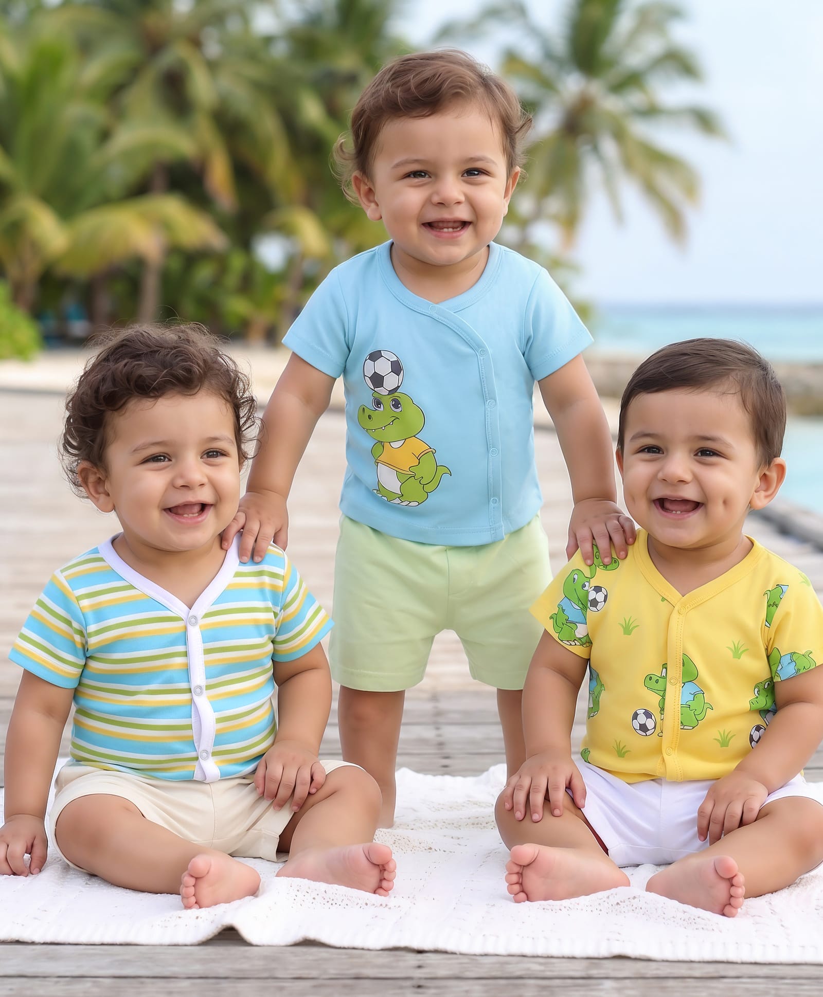 Babyhug 100% Cotton Interlock Knit Half Sleeves Front Open Vests Striped & Croc Print Pack Of 3 - Milticolor-image-22