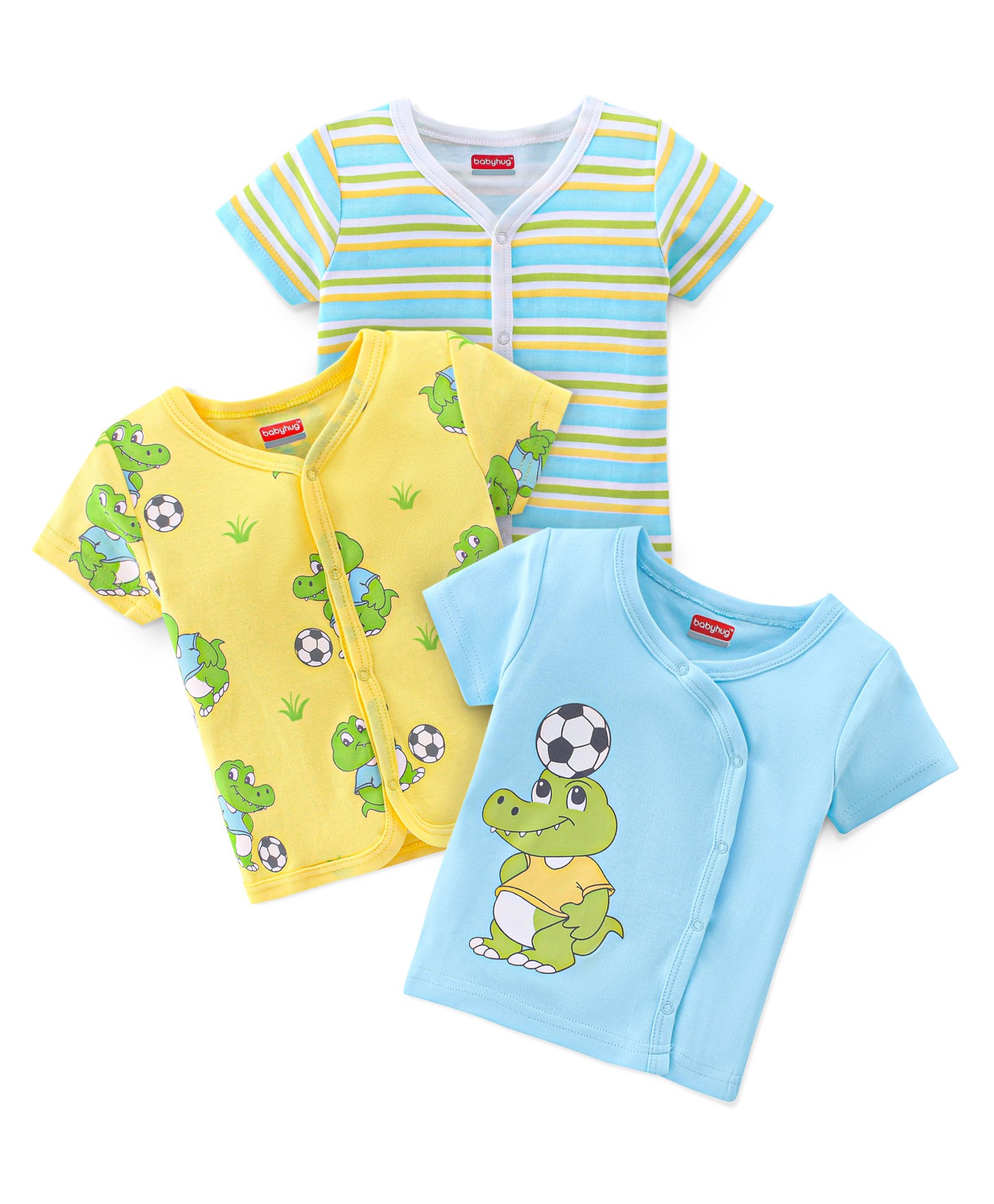 Babyhug 100% Cotton Interlock Knit Half Sleeves Front Open Vests Striped & Croc Print Pack Of 3 - Milticolor-picture-30