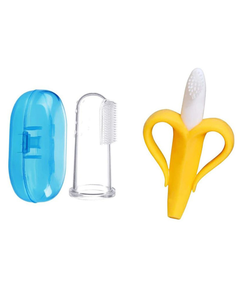 Kritiu Soft Sillicone Fingure Toothbrush & Banana Shape Toothbrush Combo - Blue & Yellow-picture-9