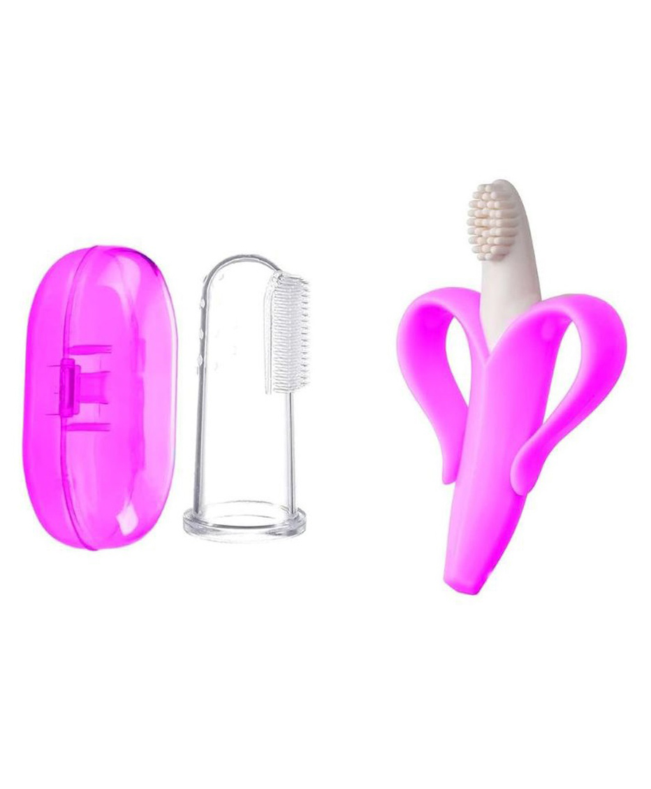 Kritiu Soft Sillicone Fingure Toothbrush & Banana Shape Toothbrush Combo - Pink-picture-8