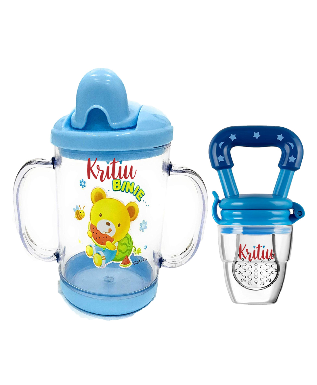 Kritiu Baby Sippy Spout Cup With Handles 200 ml & Rattel Fruit Feeder Combo Of 2 - Blue-picture-30