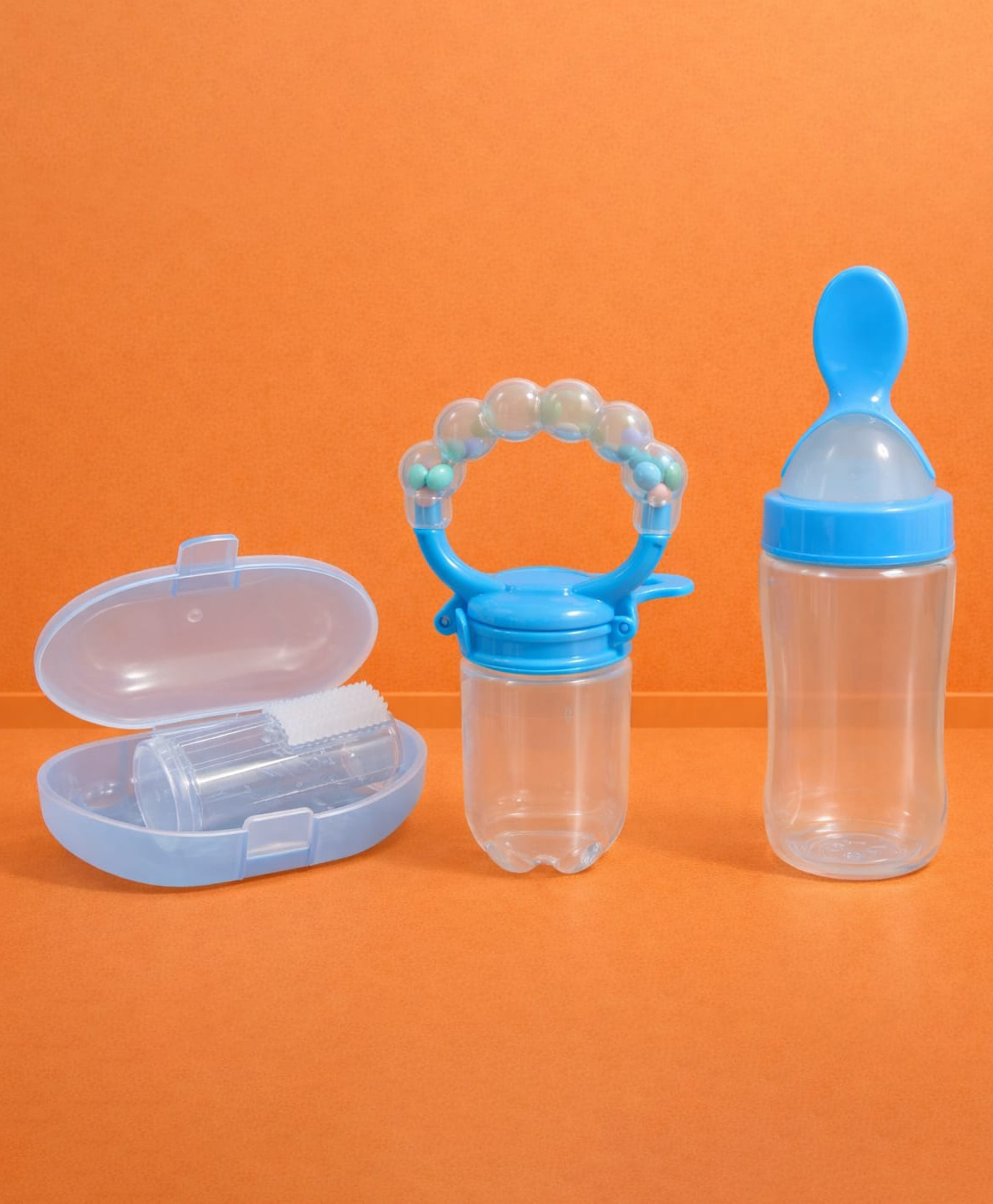 Kritiu Combo of Silicone Squeezy Food Feeder Bottle With Spoon & Fingure Toothbrush - Blue-picture-29