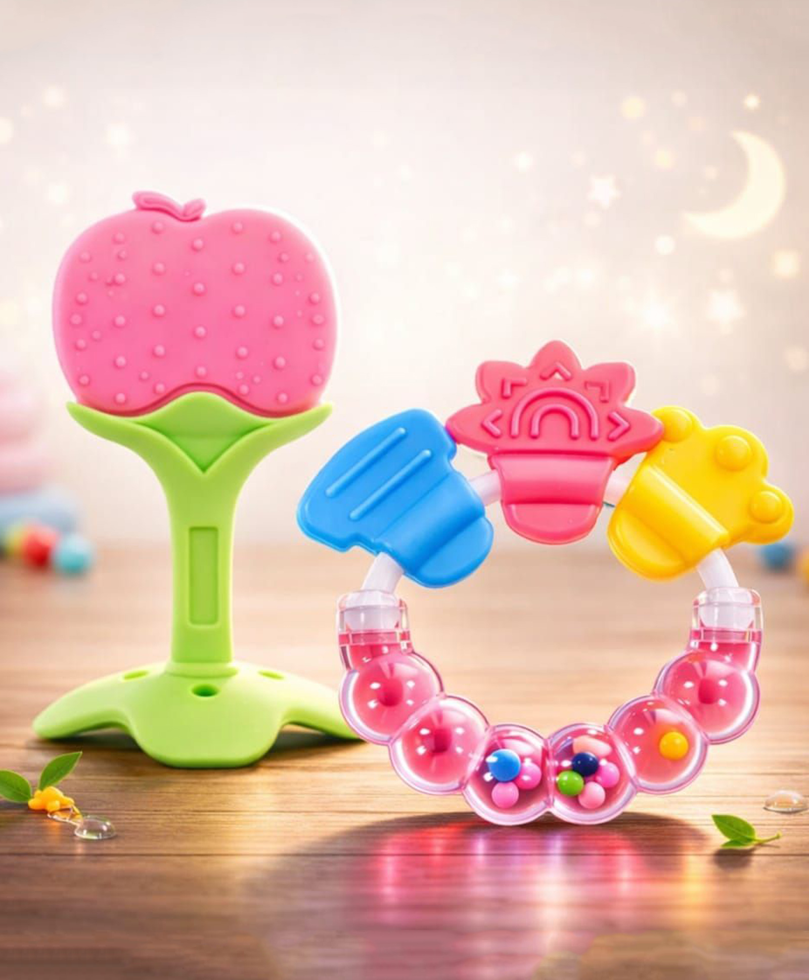Kritiu Silicone Combo Of Stand Teether & Rattle Handle Teethers - Pink-picture-1