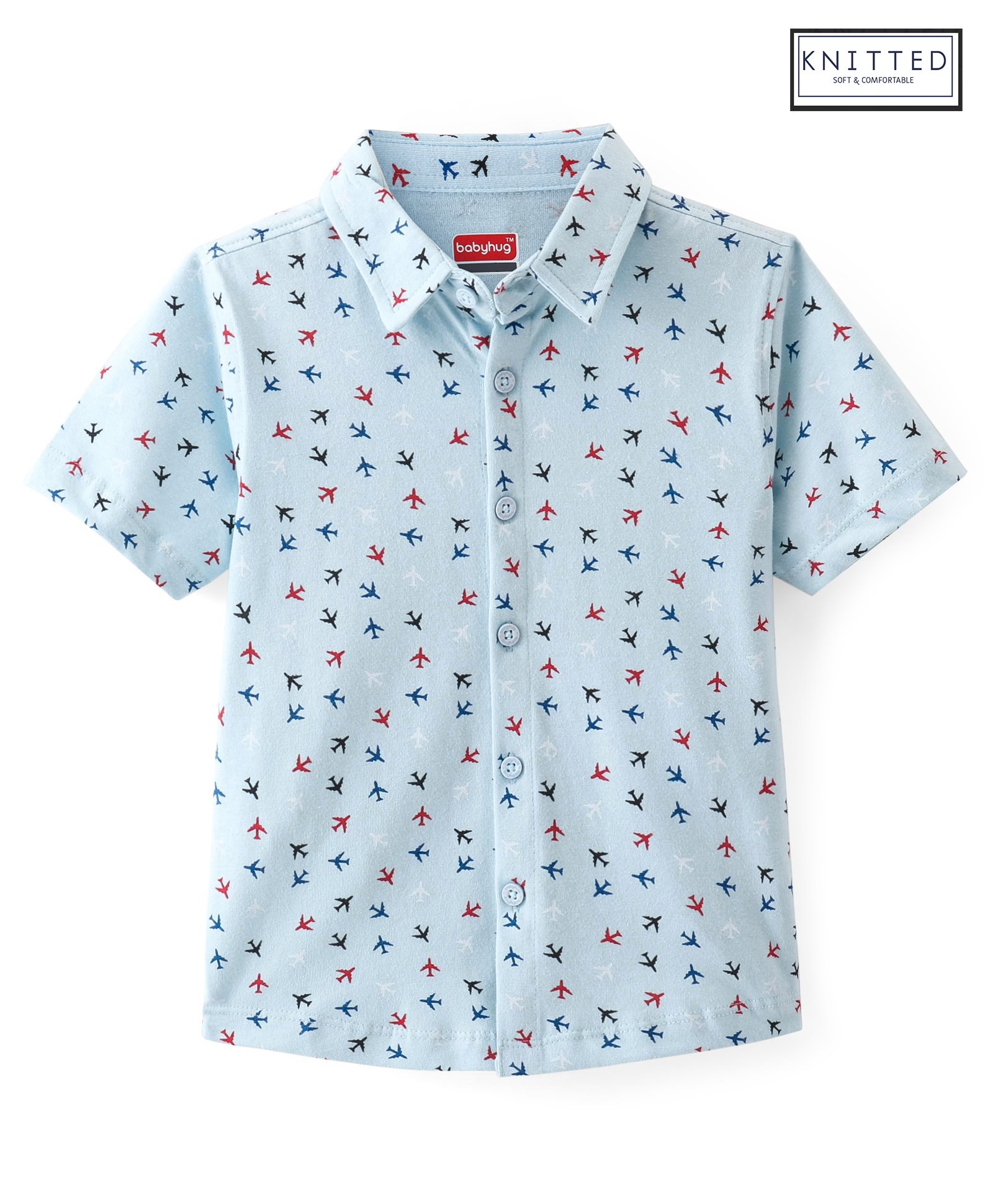 Babyhug 100% Cotton Knit Half Sleeves Regular Collar Shirt Airplane Print - Blue-picture-24