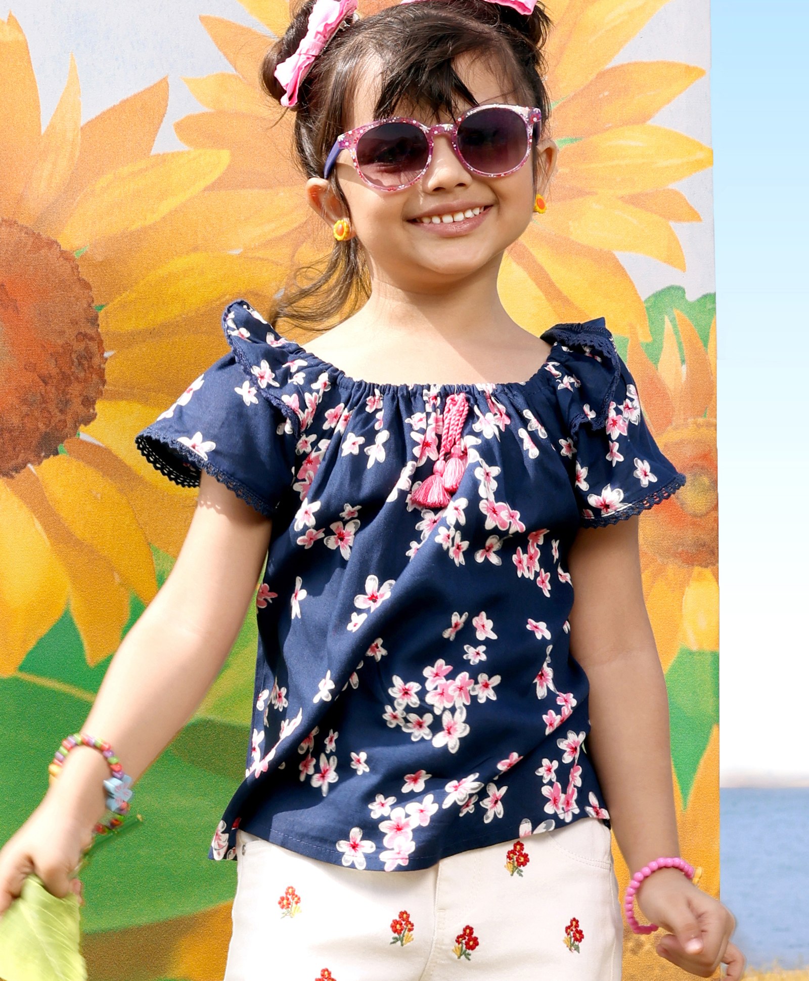 Babyhug Rayon Woven Half Sleeves Boat Neck Top with Tassel Detailing & Floral Print - Navy Blue-image-10