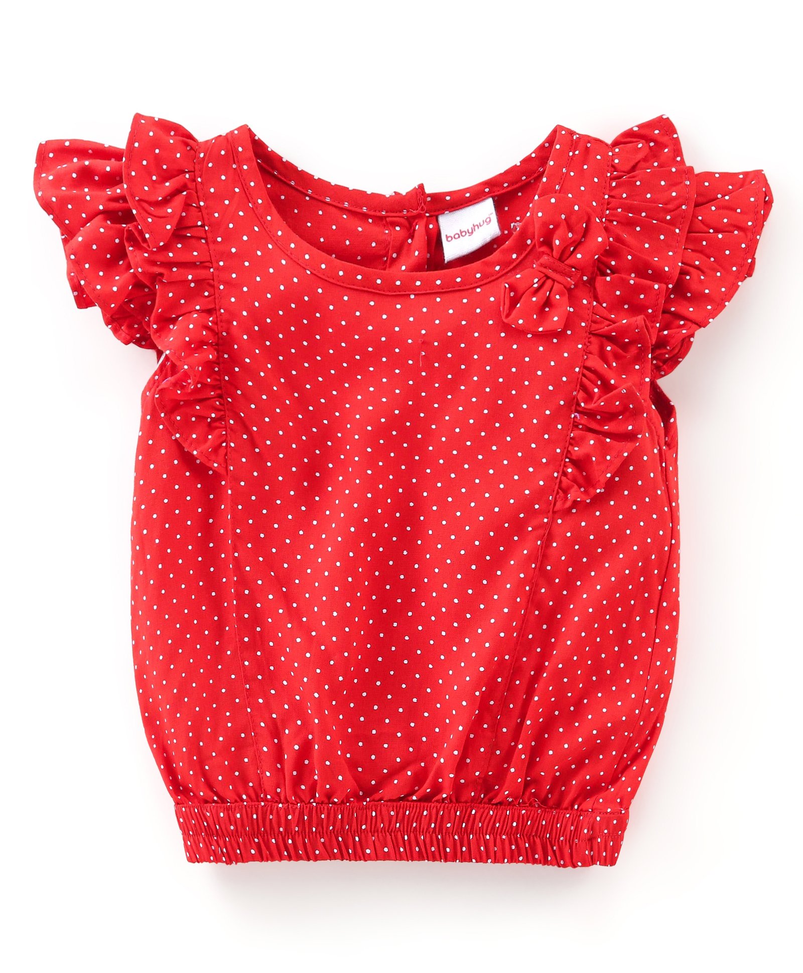 Babyhug Cotton Rayon Woven Frill Sleeves Polka Dots Print Top with Bow - Red-image-36