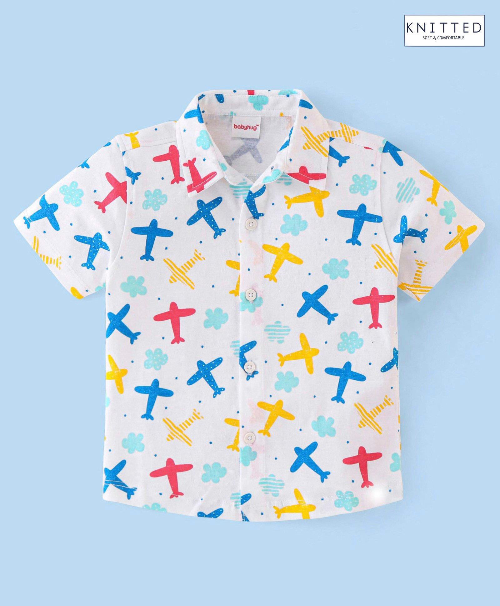 Babyhug 100% Cotton Knit Half Sleeves Regular Collar Shirt Airplane Print - White-image-30