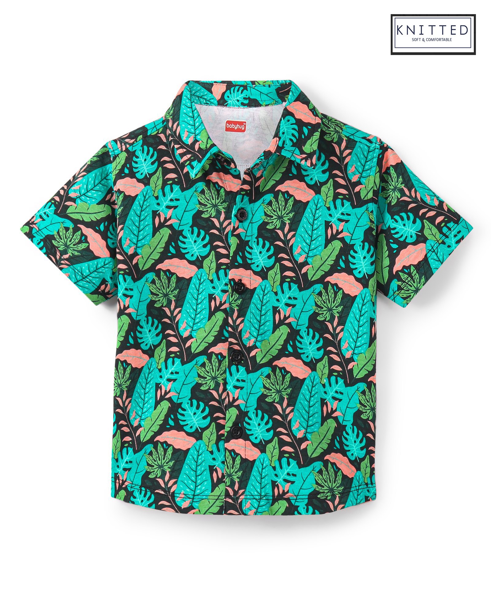 Babyhug Cotton Knit Half Sleeves Regular Collar Leaves Printed Shirt - Green & Blue-picture-19
