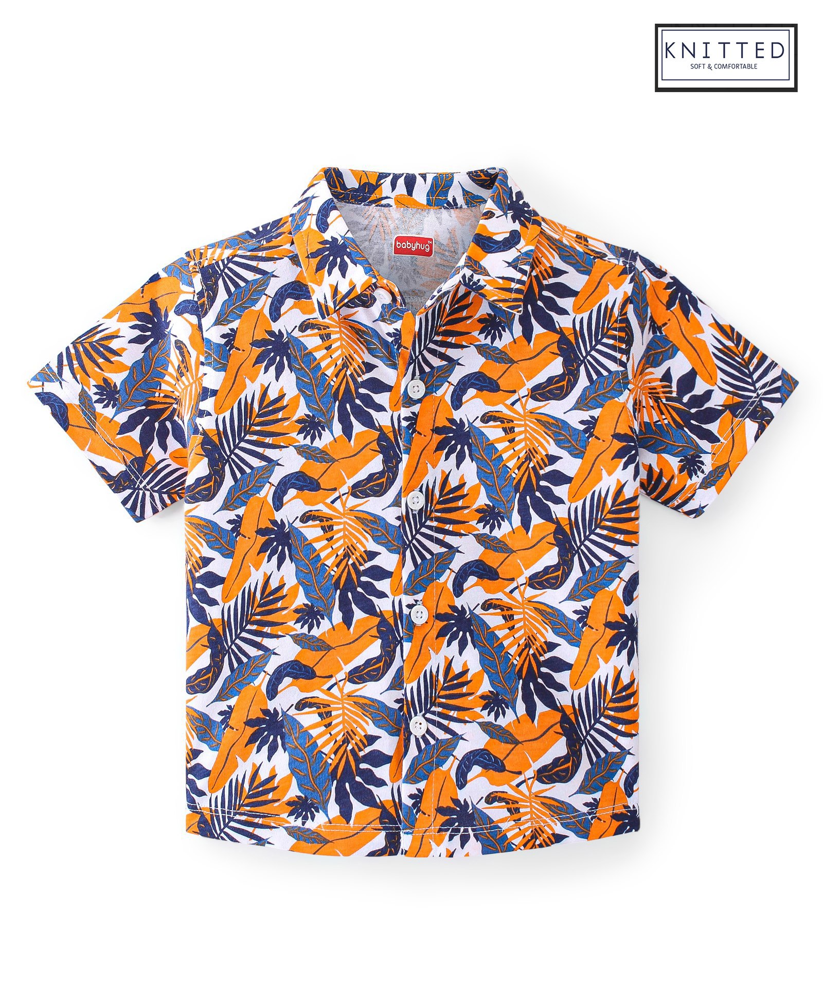 Babyhug Cotton Half Sleeves Regular Collar Shirt Tropical Print - Orange and Blue-image-11