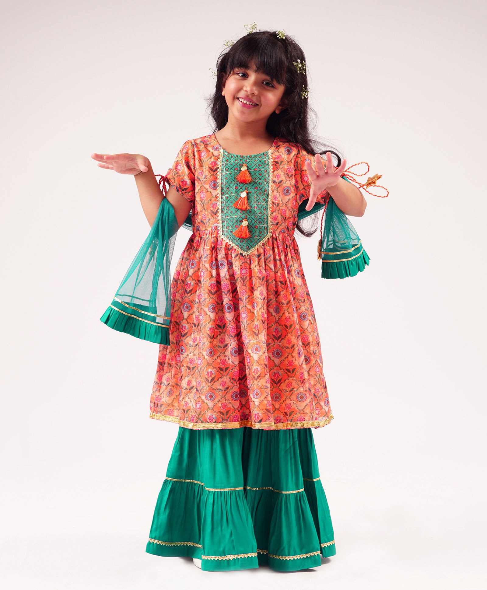 lil' drama Lil Drama Half Sleeves Lurex Striped & Floral Printed Chanderi Kurta & Sharara With Dupatta - Orange-picture-13