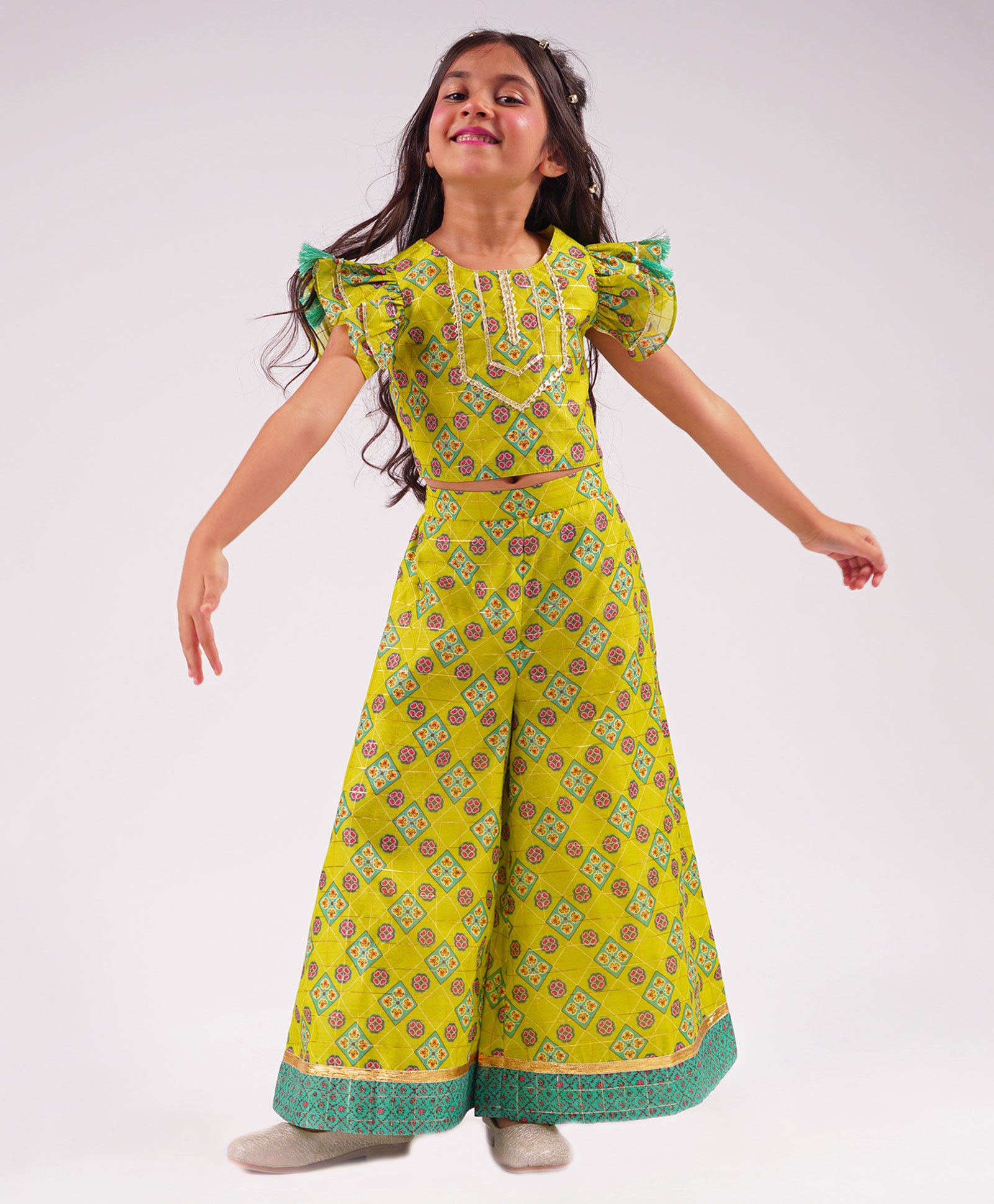 lil' drama Lil Drama Half Frill Sleeves Lurex Striped & Floral Printed With Lace Embellished Coordinating Chanderi Top & Palazzo Set - Green-picture-16