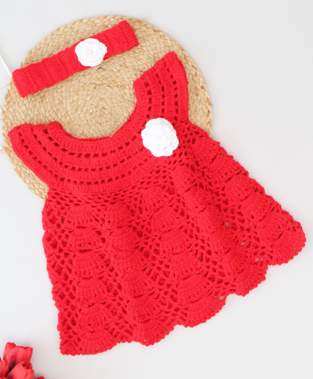 Woonie Short Sleeves Flower Crochet Detailed Woolen Dress With Coordinating With Headband - Red-picture-24