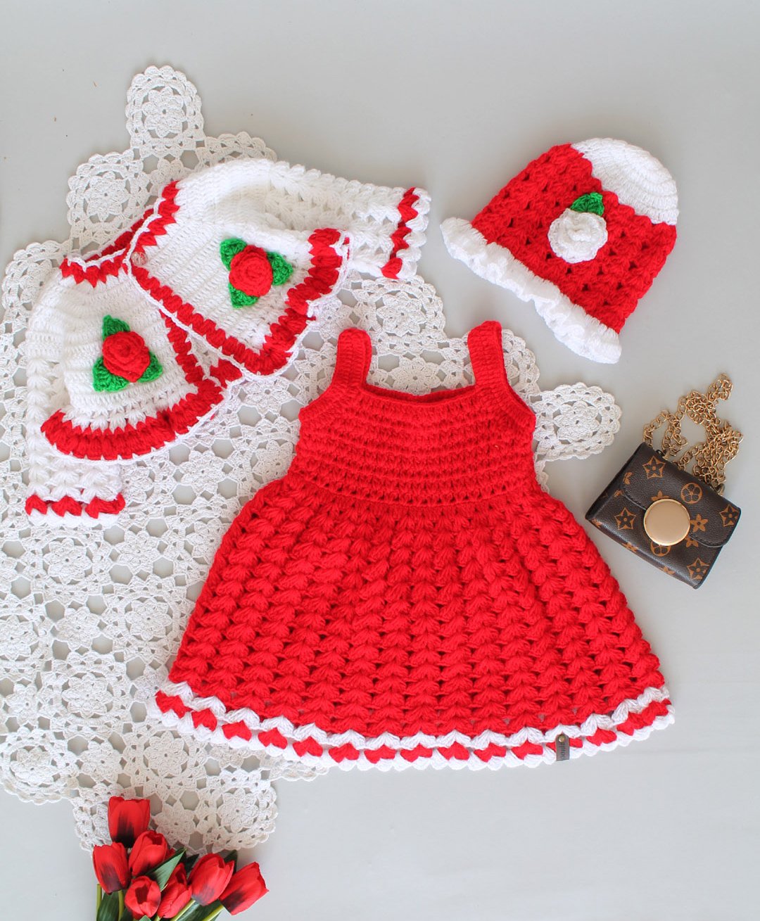 Woonie Full Sleeves Floral Applique Detailed Crochet Coordinating Dress With Shrug And Cap - Red-image-41
