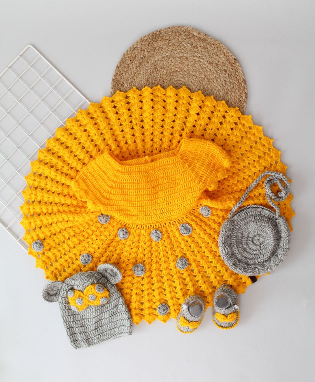 Woonie Cap Sleeves Flower Detailed Crochet Woollen  Dress Set - Yellow-image-18