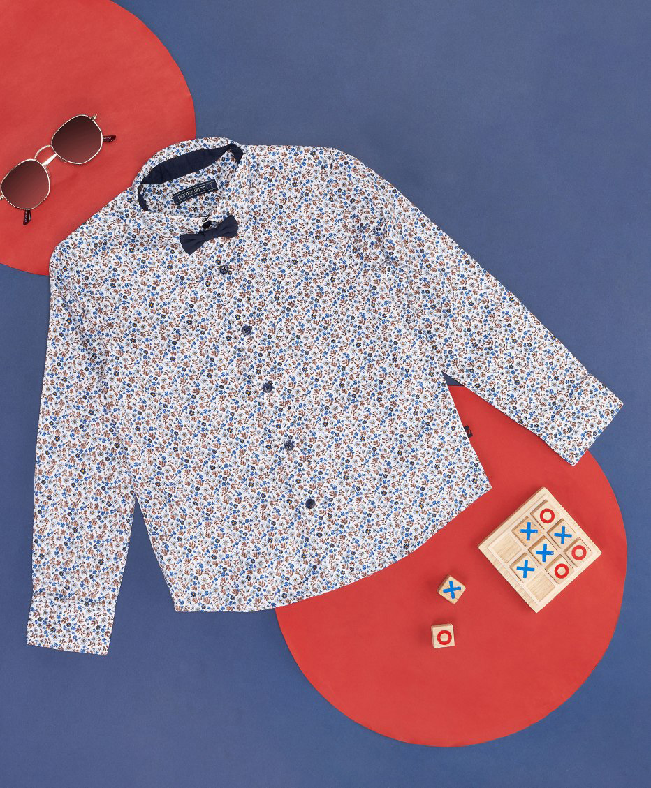 Pantaloons Junior Full Sleeves Ditsy Floral Printed Shirt With Bow - White & Blue-picture-27
