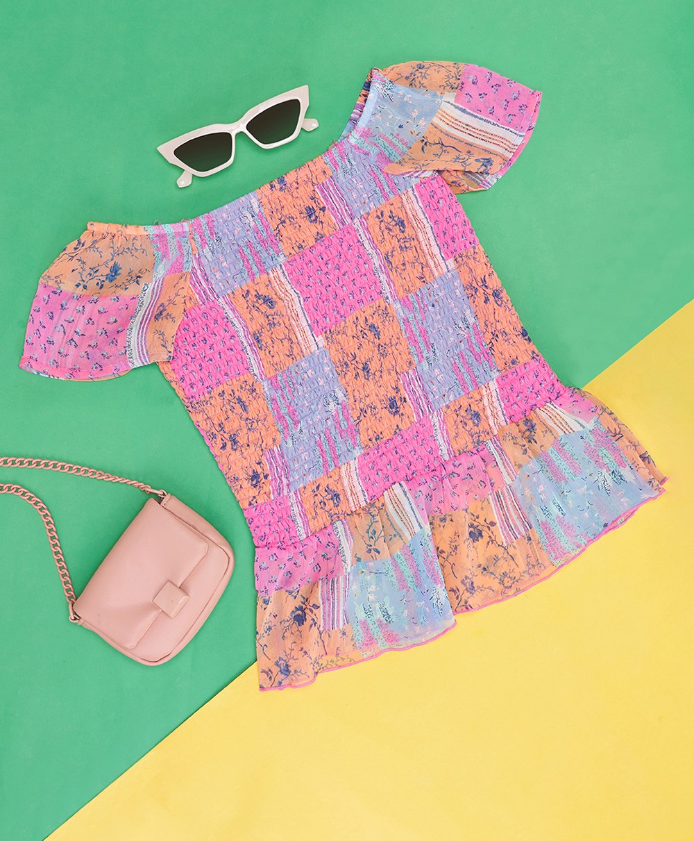 Pantaloons Junior Half Sleeves Seamless Floral Blocks Printed & Smock Detailed Top - Multi Color-picture-13